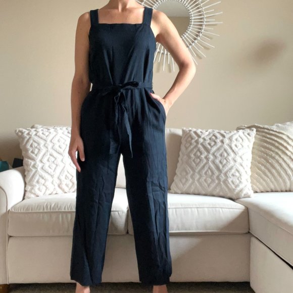 NEW INC Linen Jumpsuit in Navy Blue - Picture 2 of 11